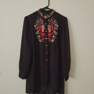 Embroidered Black Chiffon Sheer Button Up Blouse